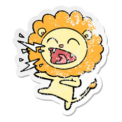 distressed sticker of a cartoon roaring lion