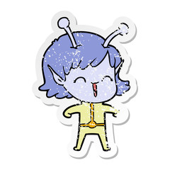 distressed sticker of a cartoon alien girl laughing