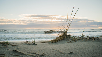 Waves Breaking on the Sandy Shore at Sunrise