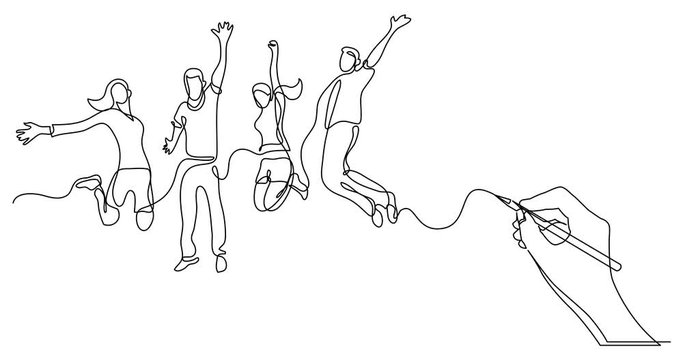 Self drawing line animation of business concept sketch of happy jumping people