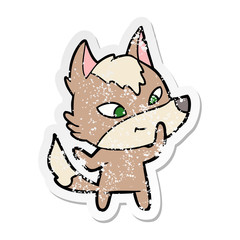 distressed sticker of a friendly cartoon wolf