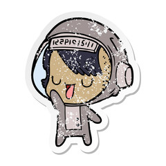 distressed sticker of a cartoon astronaut woman