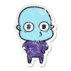 distressed sticker of a cartoon weird bald spaceman