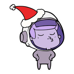 line drawing of a confident astronaut wearing santa hat