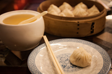 Boiled small dumplings with pork in the Chinese restaurant