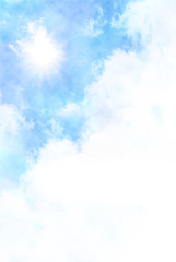 水彩絵の具で描いた夏の青空と雲と太陽