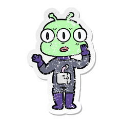 distressed sticker of a cartoon three eyed alien