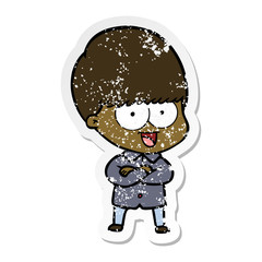 distressed sticker of a happy cartoon boy