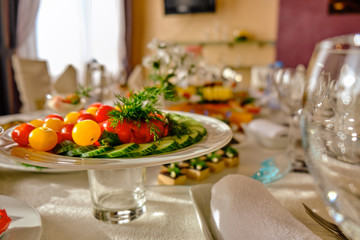 festive food on the table. A collage of different food in a restaurant. The concept of healthy eating and diet