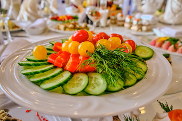festive food on the table. A collage of different food in a restaurant. The concept of healthy eating and diet