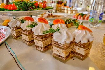 festive food on the table. A collage of different food in a restaurant. The concept of healthy eating and diet
