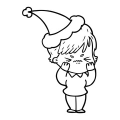 line drawing of a frustrated woman wearing santa hat