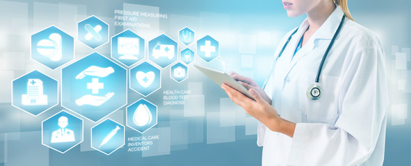 Medical Healthcare Concept - Doctor in hospital with digital medical icons graphic banner showing...