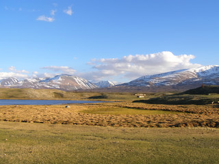 Naklejka premium Mongolian natural landscapes surrounded by mountains and rocks.