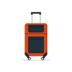 Travel suitcase on wheels with telescopic handle. Big cloth bag for journey. Baggage of tourist. Traveler luggage. Flat vector icon