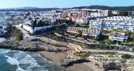 Sitges. Aerial view by Drone of coastal village in Barcelona. Spain