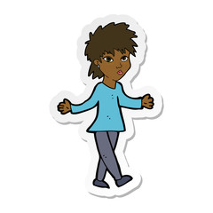 sticker of a cartoon woman shrugging shoulders