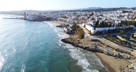 Obraz premium Sitges. Aerial view by Drone of coastal village in Barcelona. Spain