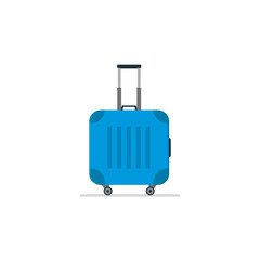 Bright blue plastic suitcase on wheels with telescopic handle. Polycarbonate luggage. Tourist baggage. Flat vector design