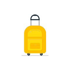 Travel suitcase on wheels with telescopic handle. Tourist luggage. Bright yellow cloth bag. Baggage of traveler. Flat vector icon