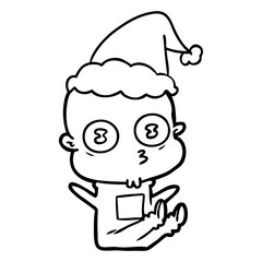 Fototapeta premium line drawing of a weird bald spaceman wearing santa hat