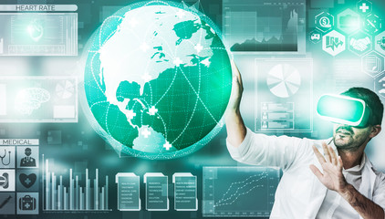 Medical Healthcare Research and Development Concept. Doctor in hospital lab with science health research icon show symbol of medical care technology innovation, medicine discovery and healthcare data.