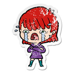 distressed sticker of a cartoon girl crying