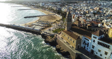 Sitges. Aerial view by Drone of coastal village in Barcelona. Spain