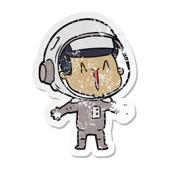 distressed sticker of a happy cartoon astronaut