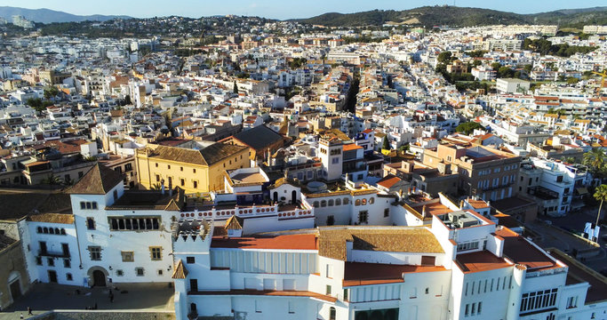 Sitges. Aerial view by Drone of coastal village in Barcelona. Spain