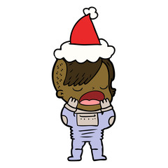 line drawing of a cool hipster girl in space suit wearing santa hat