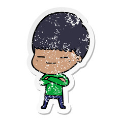 distressed sticker of a cartoon smug boy