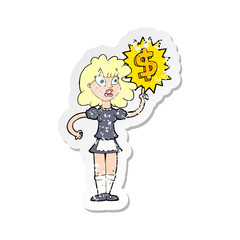 retro distressed sticker of a cartoon waitress with money symbol