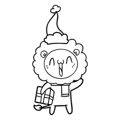happy line drawing of a lion wearing santa hat