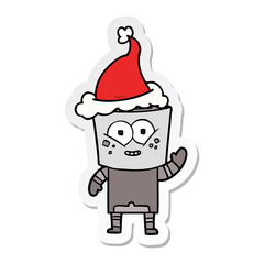 happy sticker cartoon of a robot waving hello wearing santa hat