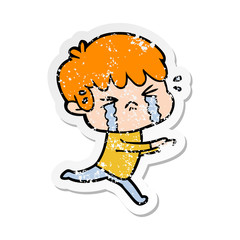 distressed sticker of a cartoon boy crying