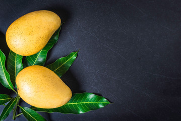 Mango. Tropical Fruits. On a wooden background. Top view.