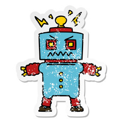 distressed sticker of a quirky hand drawn cartoon robot