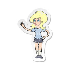 retro distressed sticker of a cartoon pretty woman waving for attention