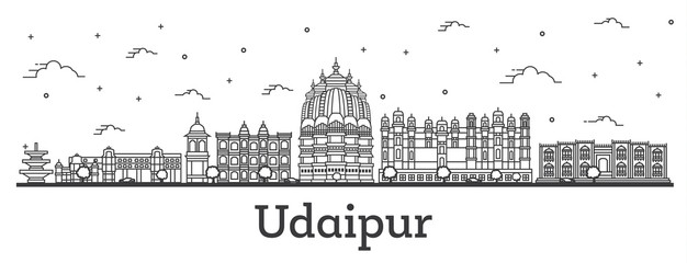 Obraz premium Outline Udaipur India City Skyline with Historical Buildings Isolated on White.