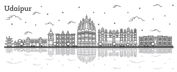 Outline Udaipur India City Skyline with Historical Buildings and Reflections Isolated on White.