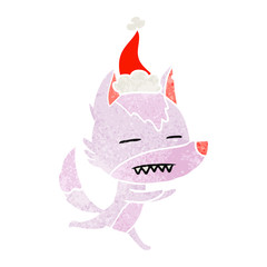 retro cartoon of a wolf showing teeth wearing santa hat