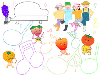 収穫を祝って野菜や果物たちが楽器を演奏している。農家は嬉しくて踊っている。