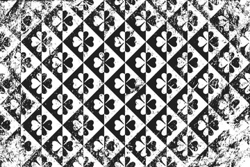 Grunge pattern with signs of clovers. Horizontal black and white backdrop.