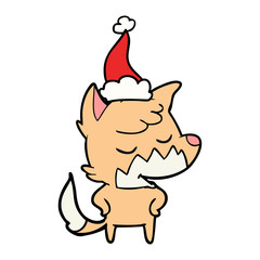 friendly line drawing of a fox wearing santa hat