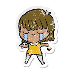 distressed sticker of a cartoon woman crying