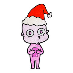 textured cartoon of a weird bald spaceman wearing santa hat