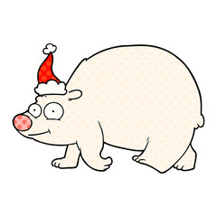 comic book style illustration of a walking polar bear wearing santa hat