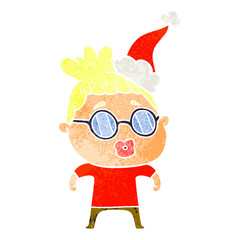 retro cartoon of a woman wearing spectacles wearing santa hat