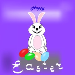 Easter bunny and eggs with quote Happy easter. Holyday background design. Abstract card for greeting. Symbol love, life, spring. Colorful template for prints, banner, card, label. Vector illustration.